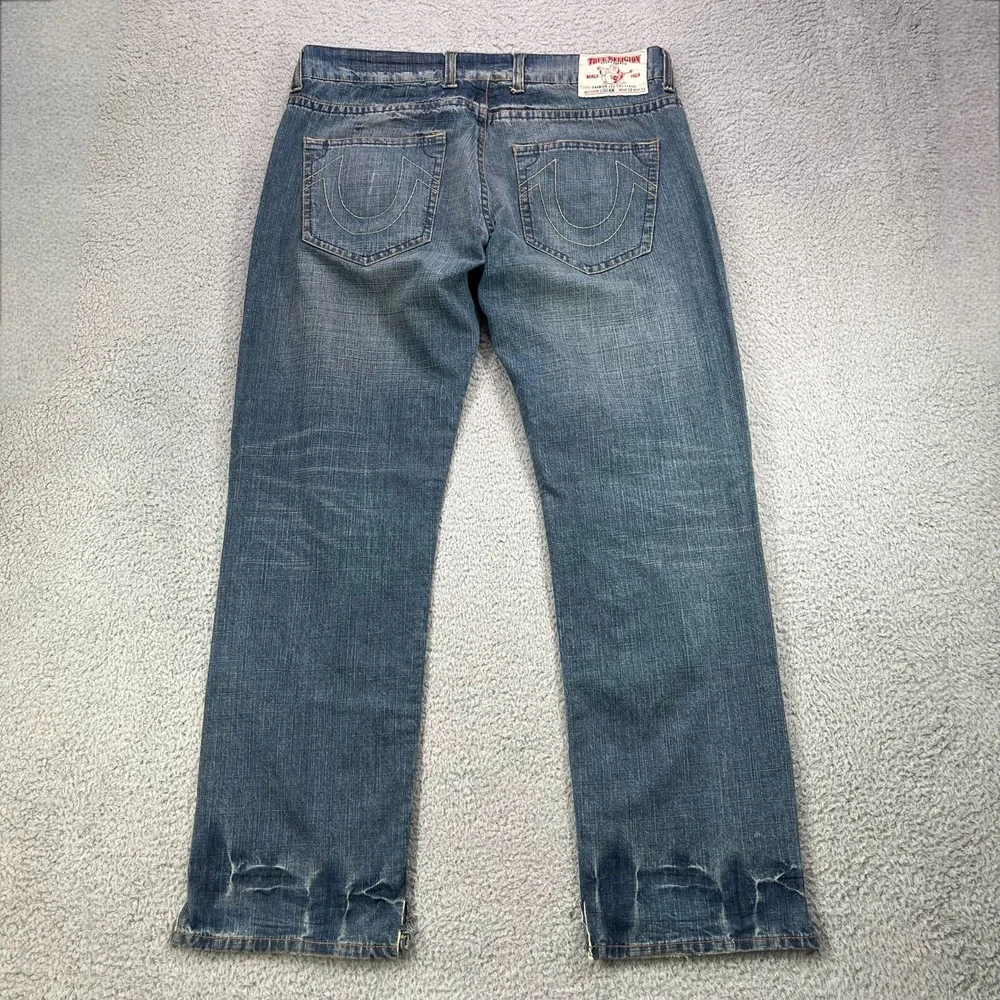 True Religion Logan Jeans Men 38 Blue Button Fly Distressed Split Hem‎ Whiskers